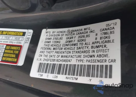 2012 Honda Civic Ex-L z USA, uszkodzony, nr VIN 2HGFG3B16CH549247